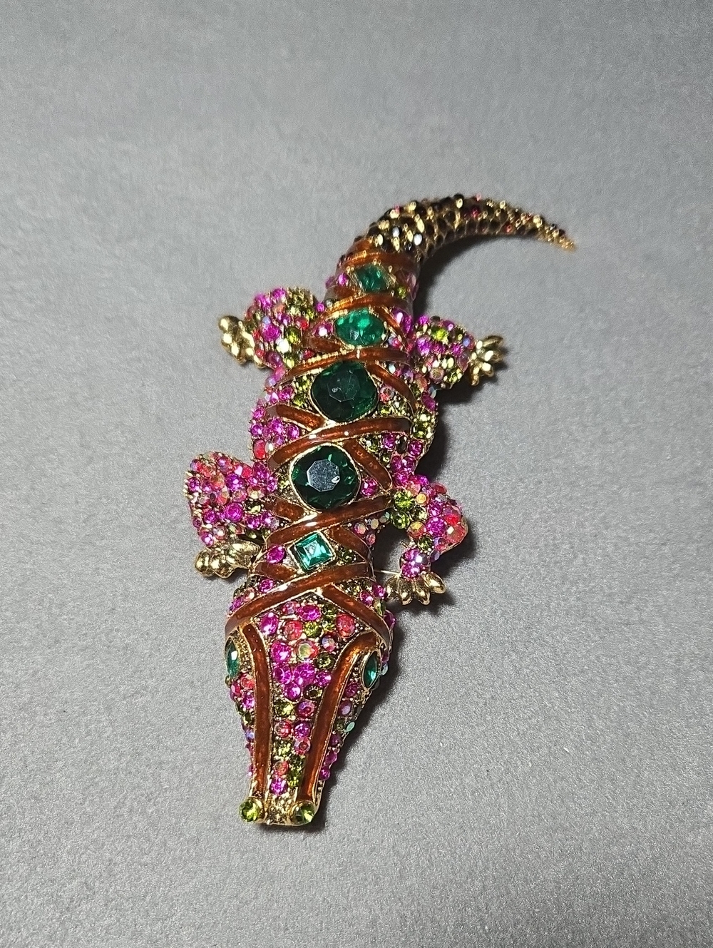 Gold-Tone Pink & Green Crystal Alligator Brooch